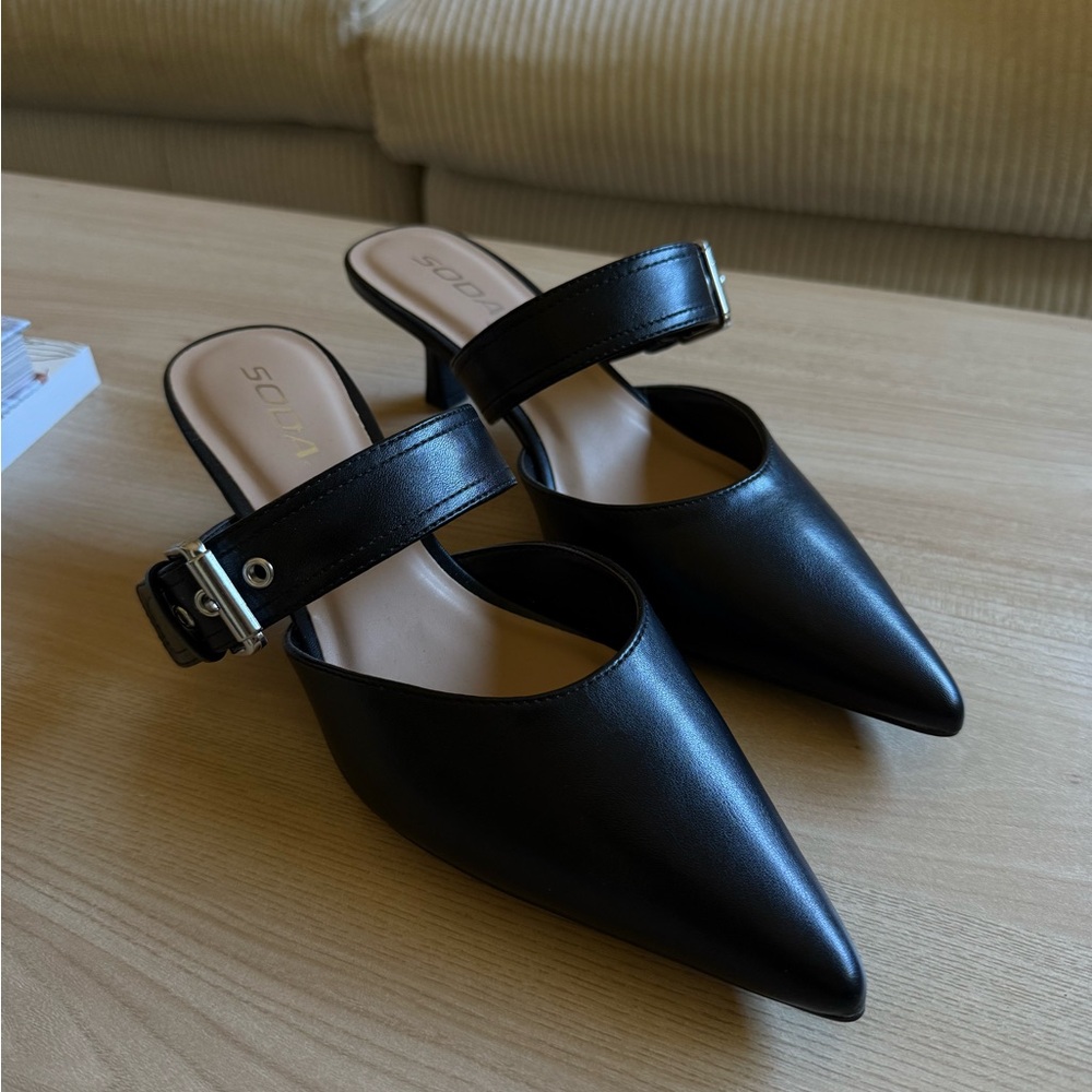 Soda Black Pointed Mules with Buckle
